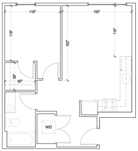 Floor plan for 1 bed, 1 bath, 584 sqft